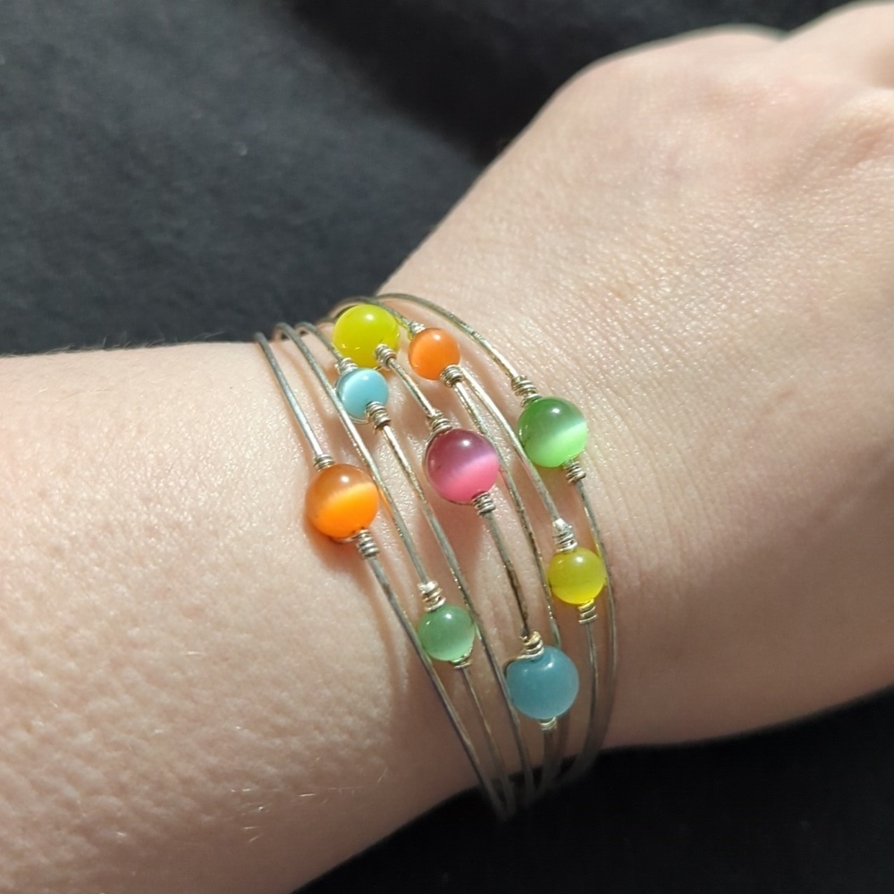 Silver Tone Pastel Cat's Eye Beaded Cuff Bangle Statement Bracelet